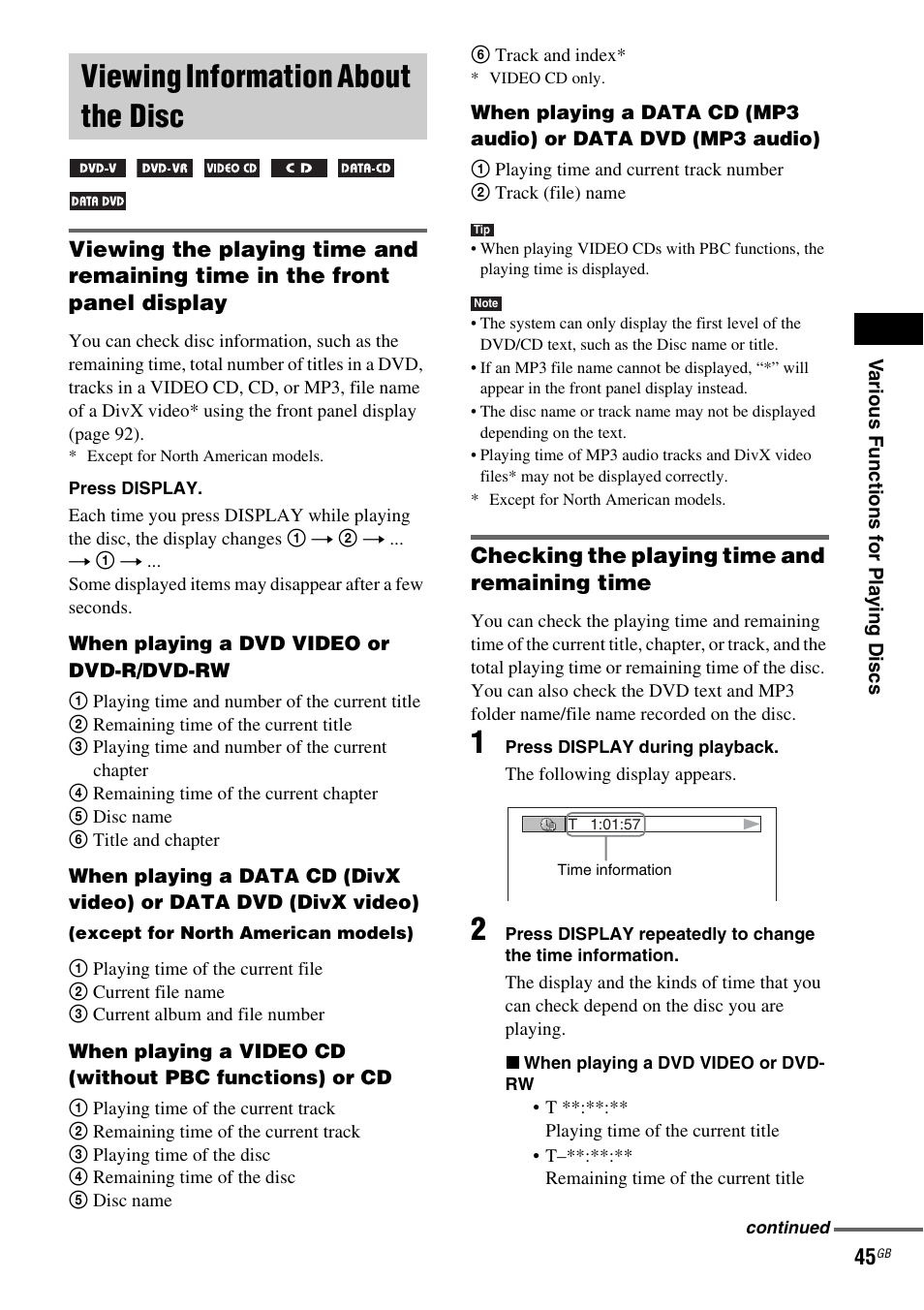 Viewing information about the disc, Checking the playing time and remaining time, Viewing information about | The disc | Sony DAV-DX315 User Manual | Page 45 / 100