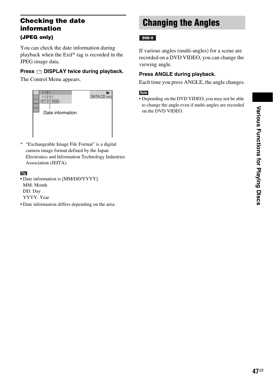 Checking the date information, Changing the angles | Sony DAV-DX315 User Manual | Page 47 / 100