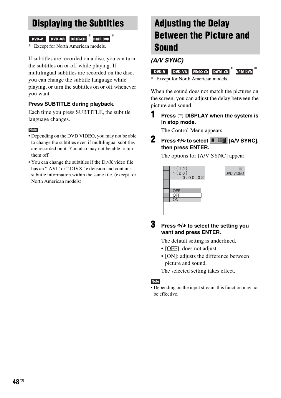 Displaying the subtitles, Adjusting the delay between the picture and sound, And sound (a/v sync) | Sony DAV-DX315 User Manual | Page 48 / 100