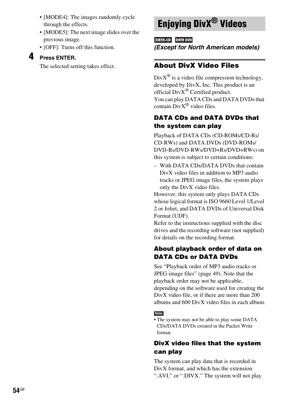 Enjoying divx® videos, About divx video files, Except for north american models) | Enjoying divx, Videos | Sony DAV-DX315 User Manual | Page 54 / 100