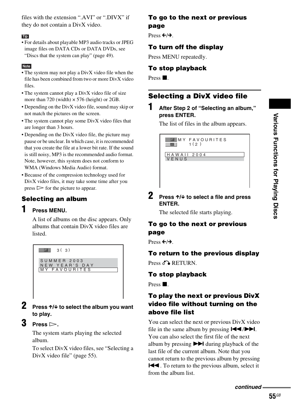 Selecting a divx video file | Sony DAV-DX315 User Manual | Page 55 / 100