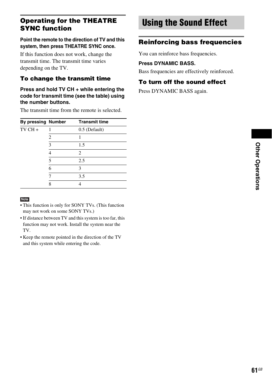 Operating for the theatre sync function, Using the sound effect, Reinforcing bass frequencies | Sony DAV-DX315 User Manual | Page 61 / 100
