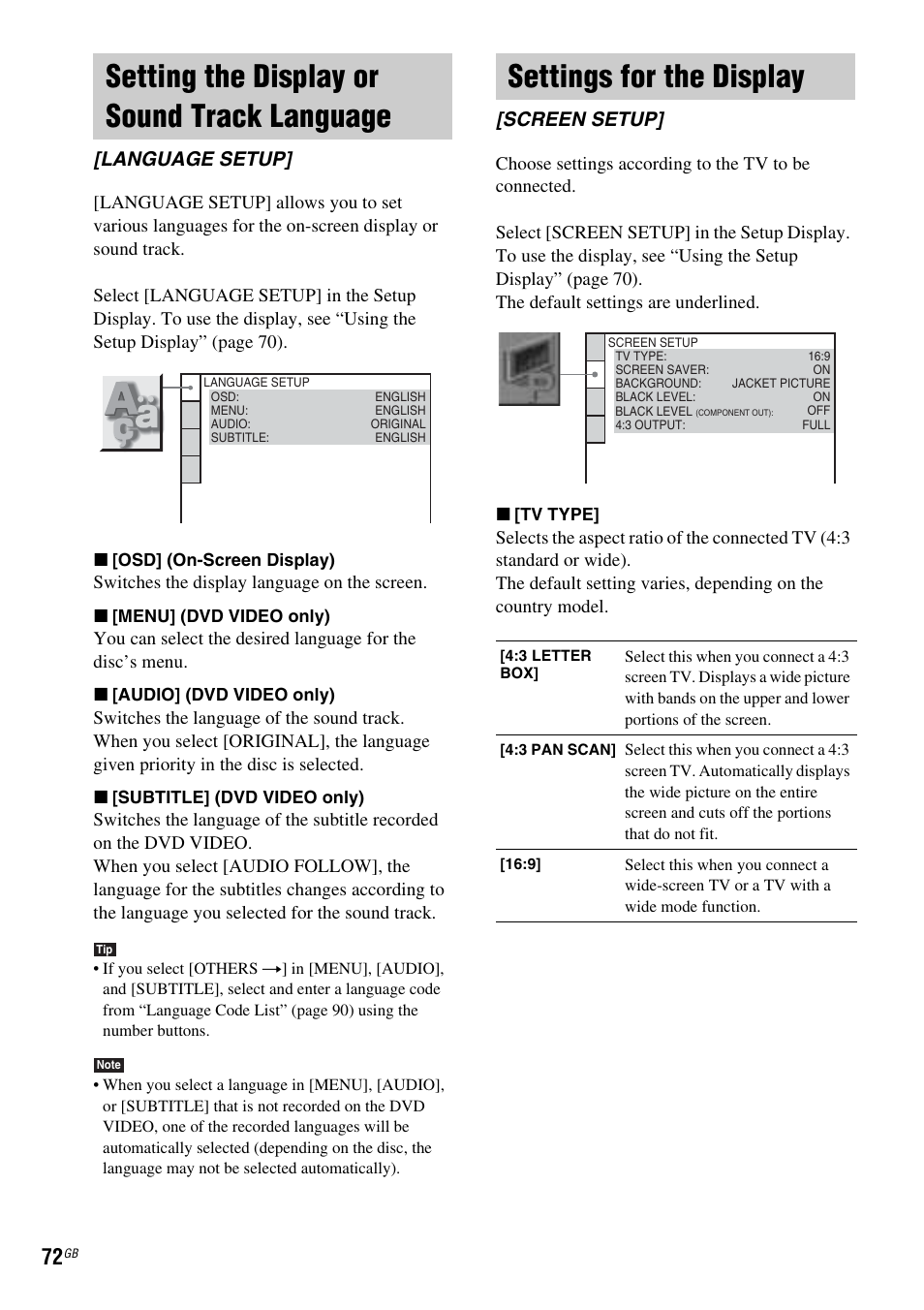 Setting the display or sound track language, Settings for the display, Setting the display or sound track | Language [language setup, Screen setup, Language setup | Sony DAV-DX315 User Manual | Page 72 / 100