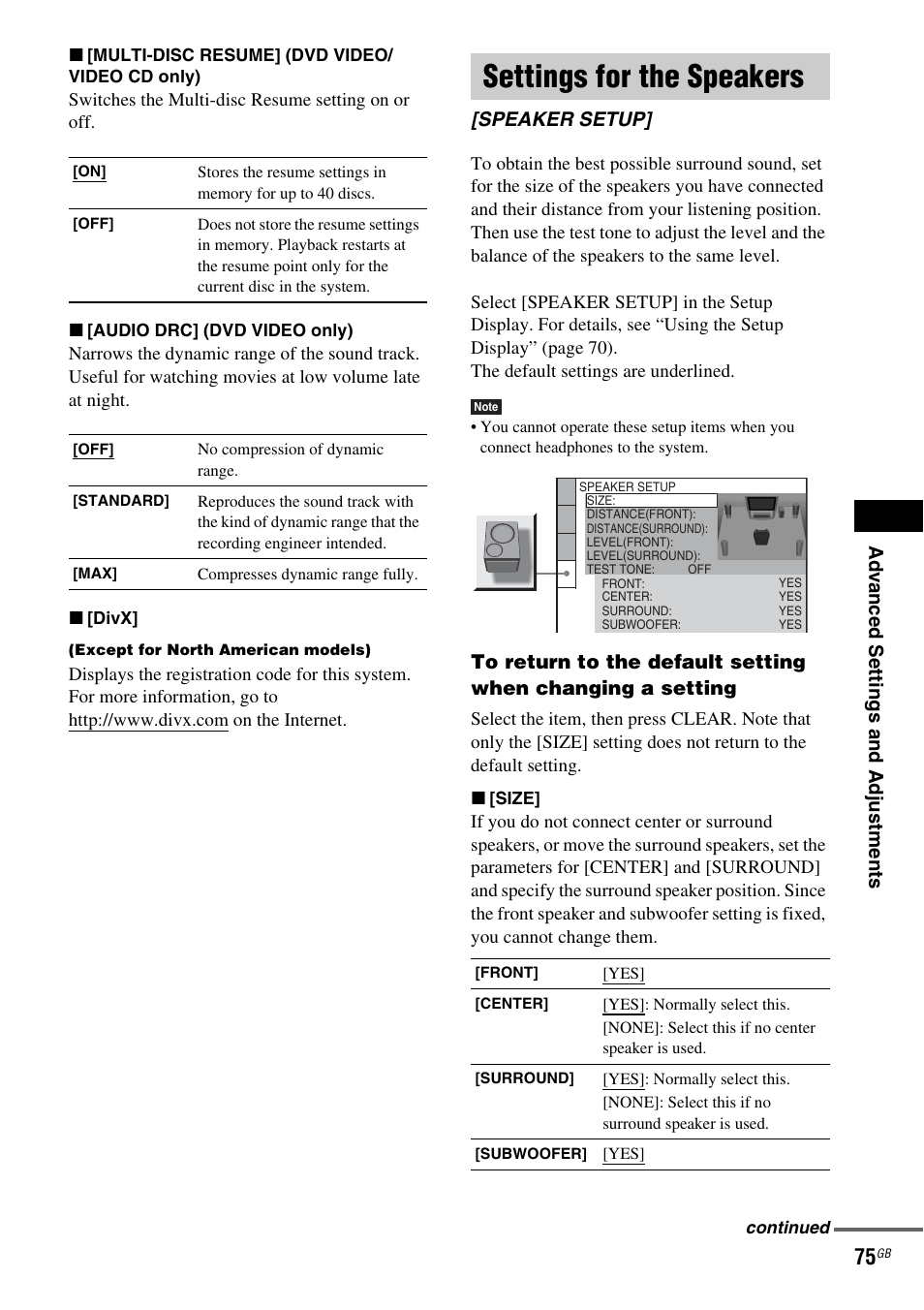 Settings for the speakers, Speaker setup | Sony DAV-DX315 User Manual | Page 75 / 100