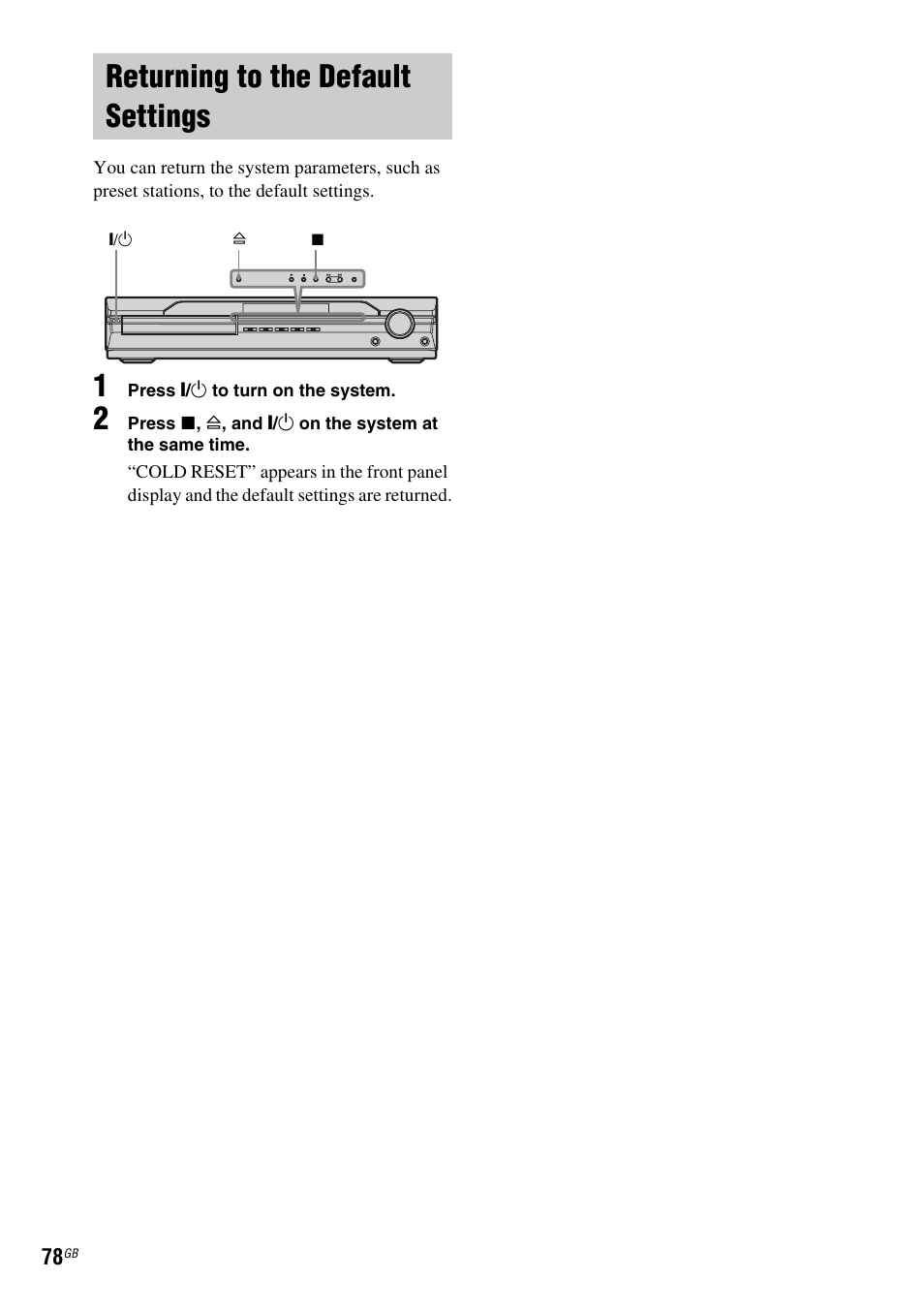 Returning to the default settings | Sony DAV-DX315 User Manual | Page 78 / 100