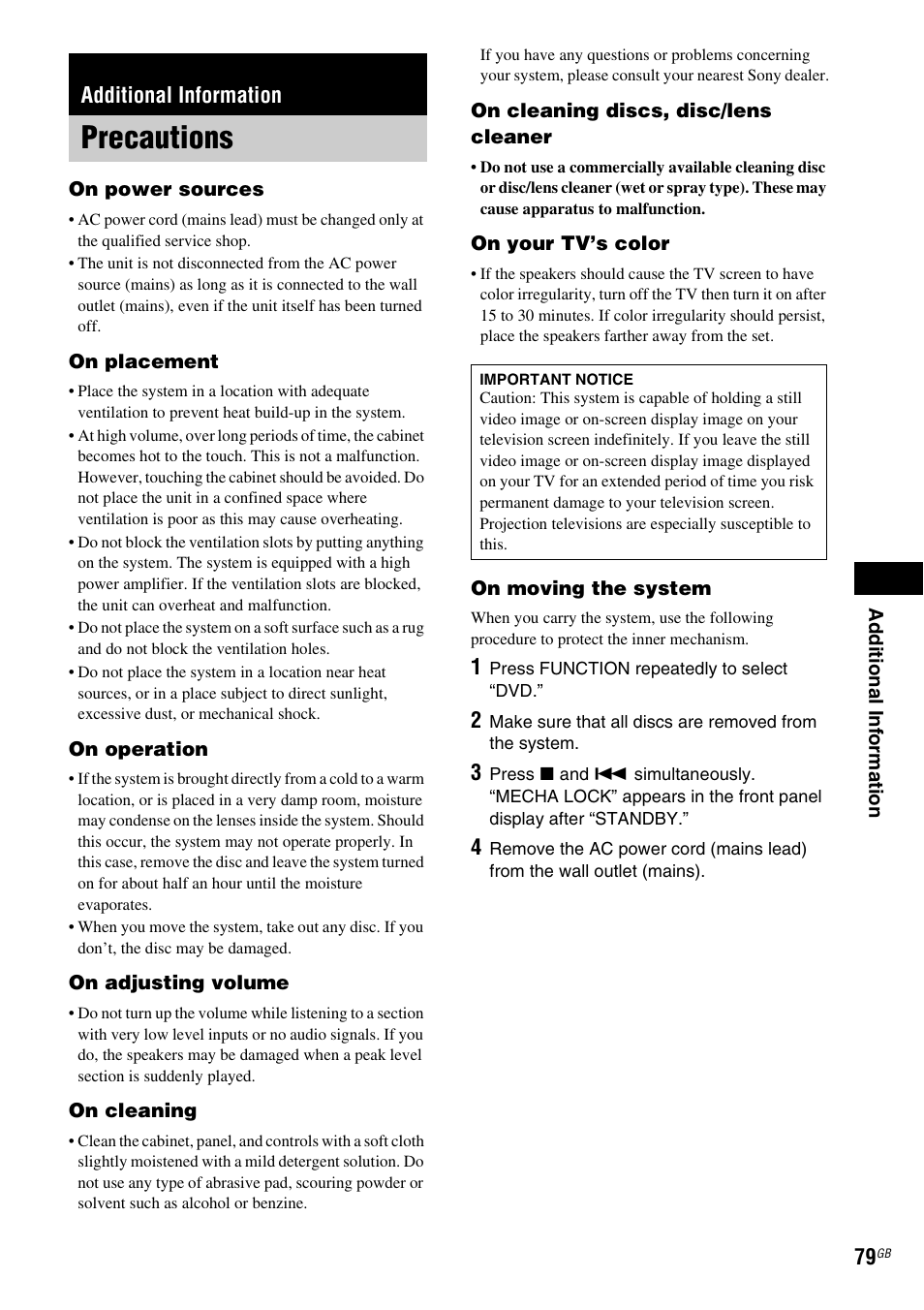 Additional information, Precautions | Sony DAV-DX315 User Manual | Page 79 / 100