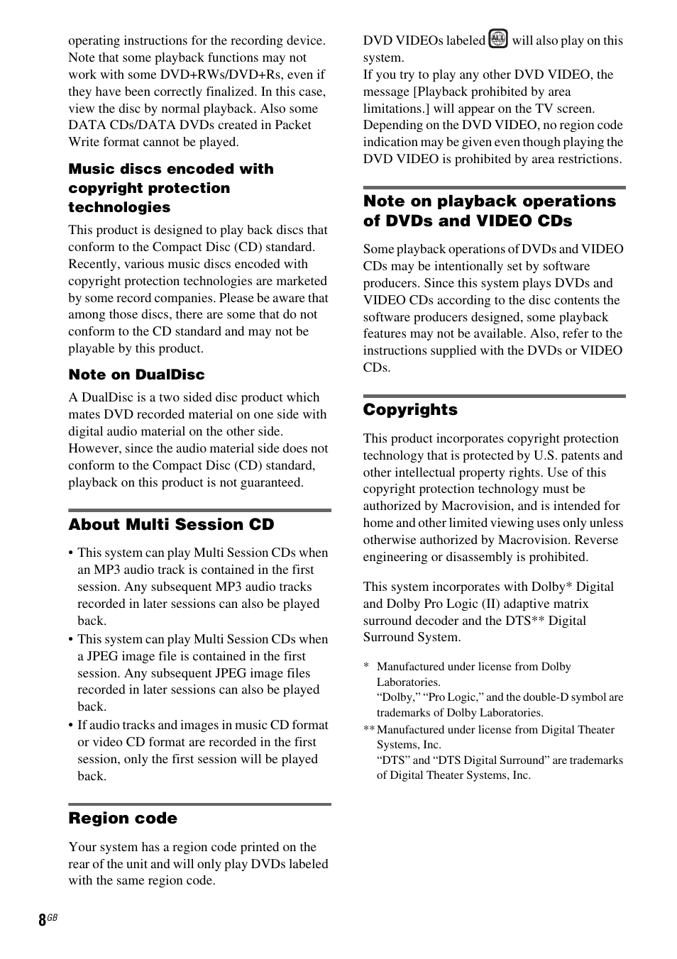 About multi session cd, Region code, Note on playback operations of dvds and video cds | Copyrights | Sony DAV-DX315 User Manual | Page 8 / 100