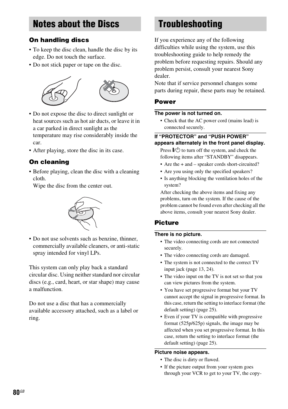 Notes about the discs, Troubleshooting, Notes about the discs troubleshooting | Sony DAV-DX315 User Manual | Page 80 / 100