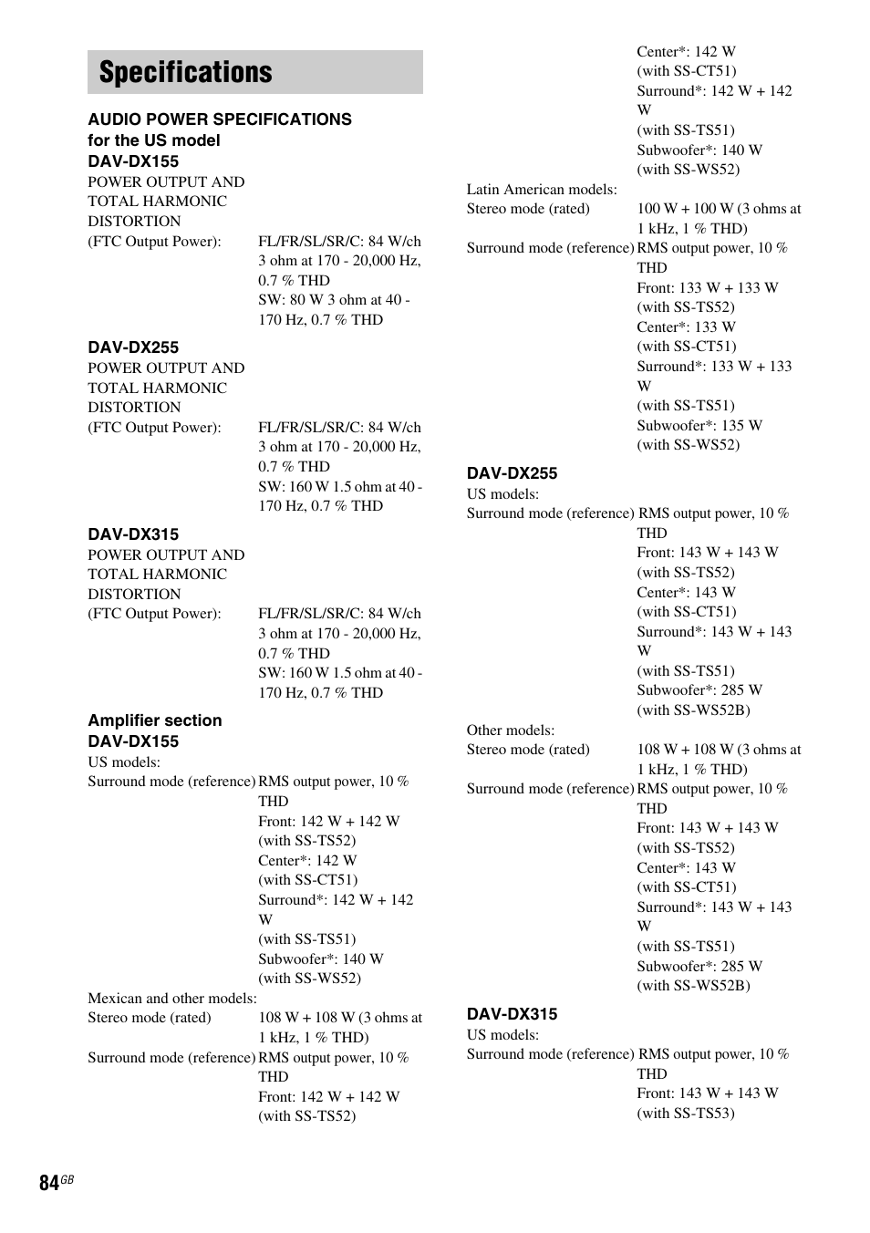 Specifications | Sony DAV-DX315 User Manual | Page 84 / 100