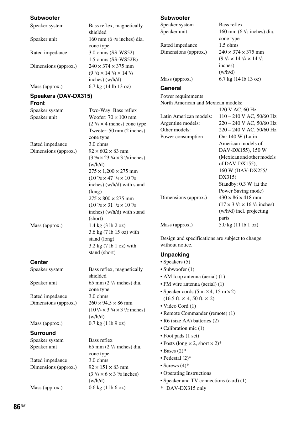 Sony DAV-DX315 User Manual | Page 86 / 100