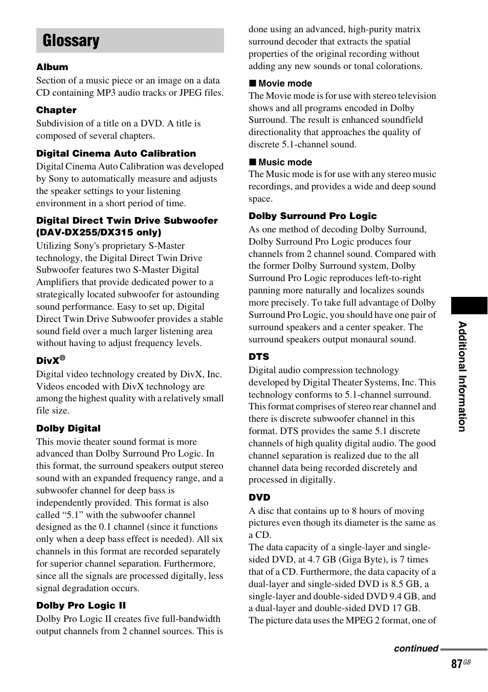 Glossary | Sony DAV-DX315 User Manual | Page 87 / 100