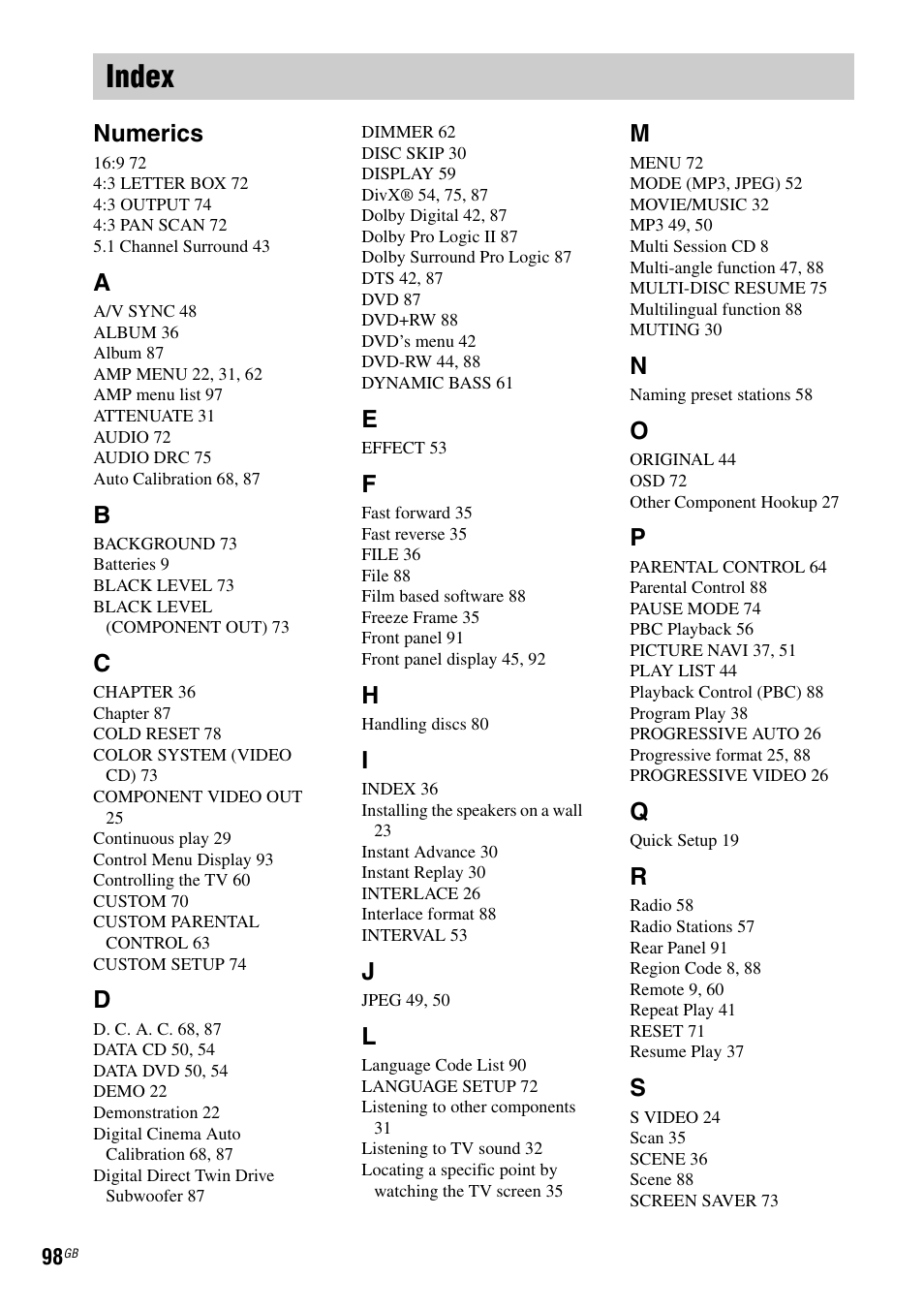 Index, Numerics | Sony DAV-DX315 User Manual | Page 98 / 100