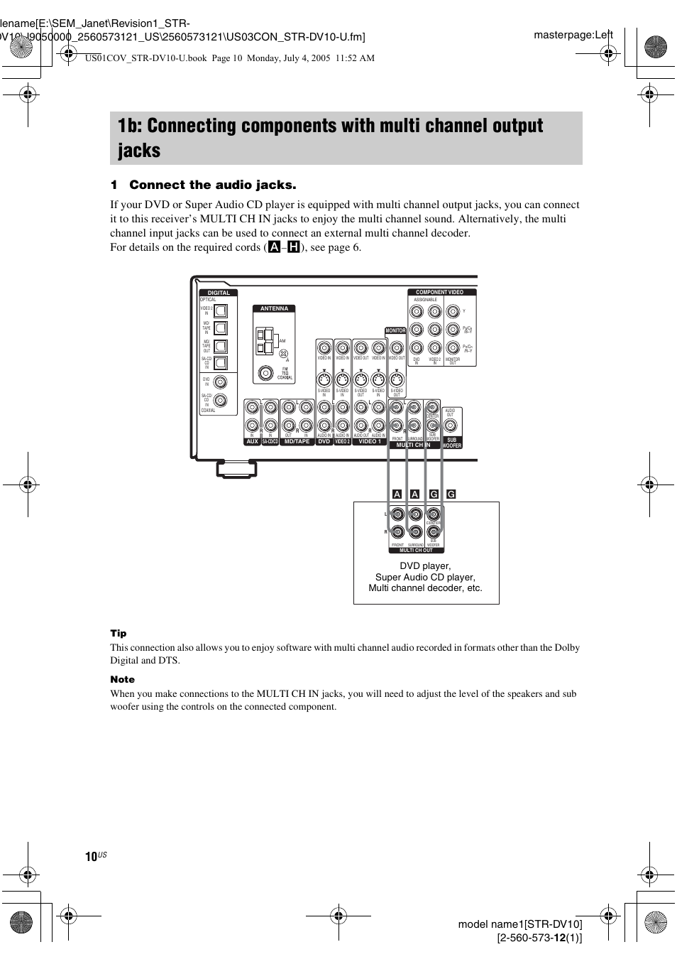 1b: connecting components with, Multi channel output jacks, 1connect the audio jacks | H), see page 6, A a g g | Sony STR-DV10 User Manual | Page 10 / 56