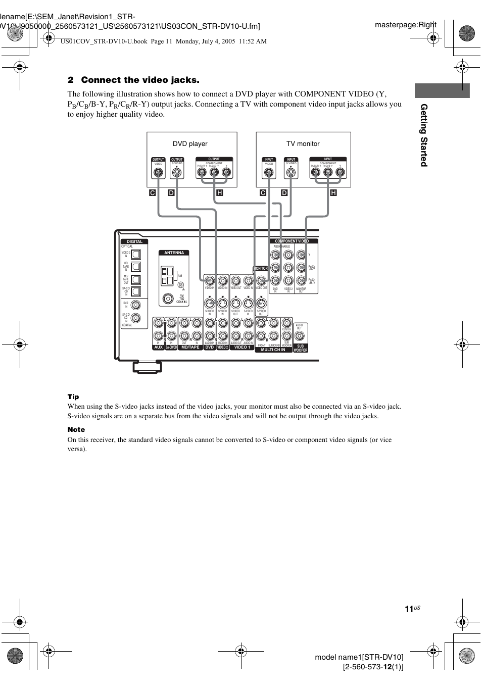 Gettin g star ted, 2connect the video jacks, B-y, p | Hc d d | Sony STR-DV10 User Manual | Page 11 / 56