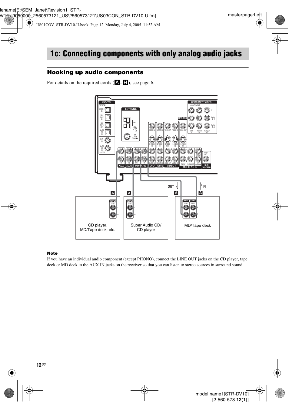 1c: connecting components with, Only analog audio jacks, Hooking up audio components | For details on the required cords ( a, H), see page 6, Al in a l out a | Sony STR-DV10 User Manual | Page 12 / 56