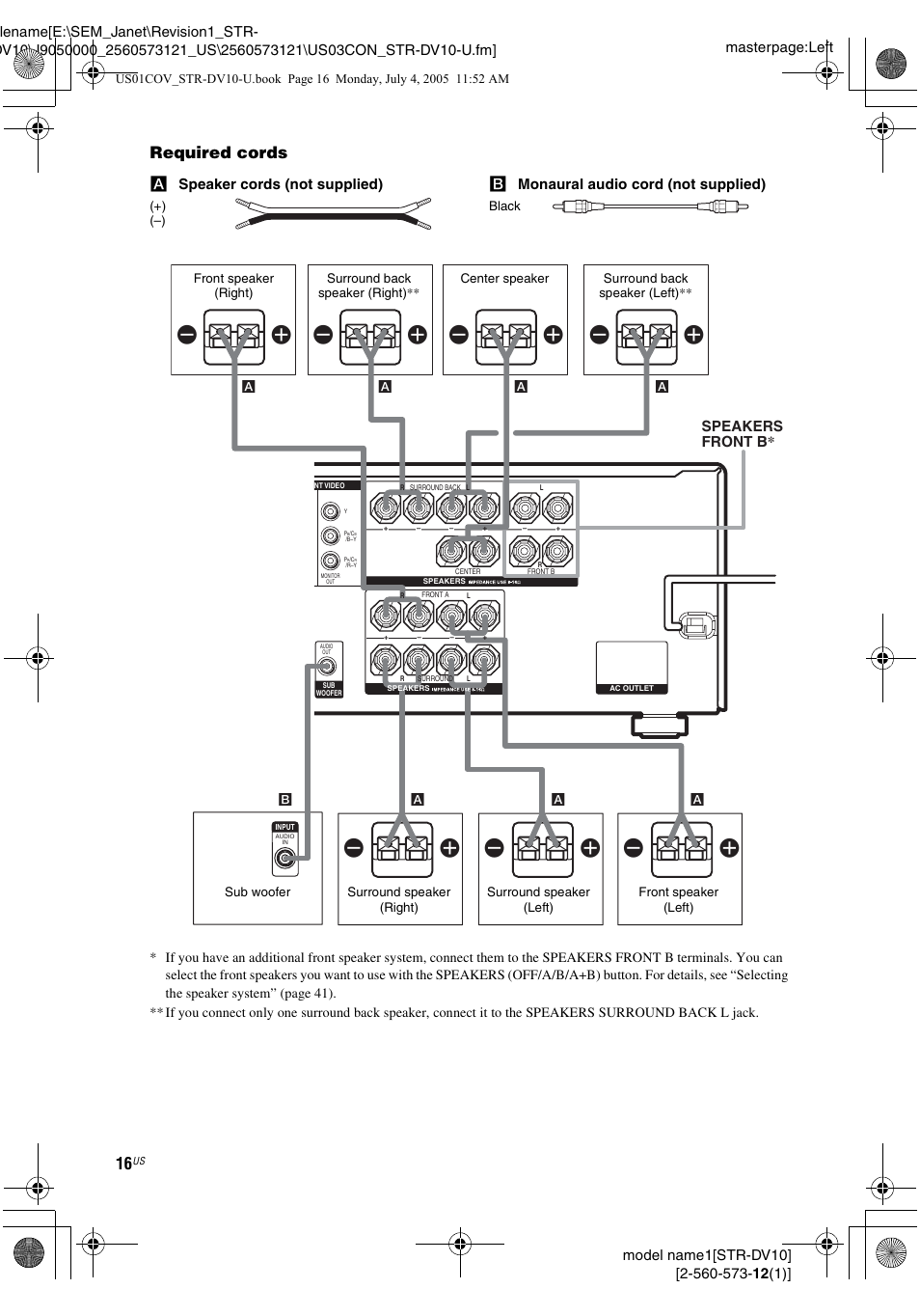 Ee e e, Required cords | Sony STR-DV10 User Manual | Page 16 / 56