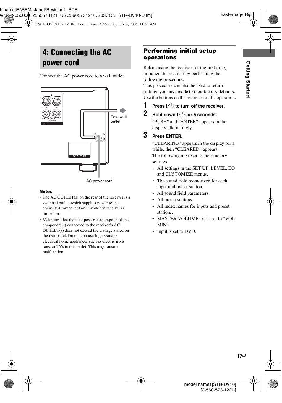 Connecting the ac power cord | Sony STR-DV10 User Manual | Page 17 / 56