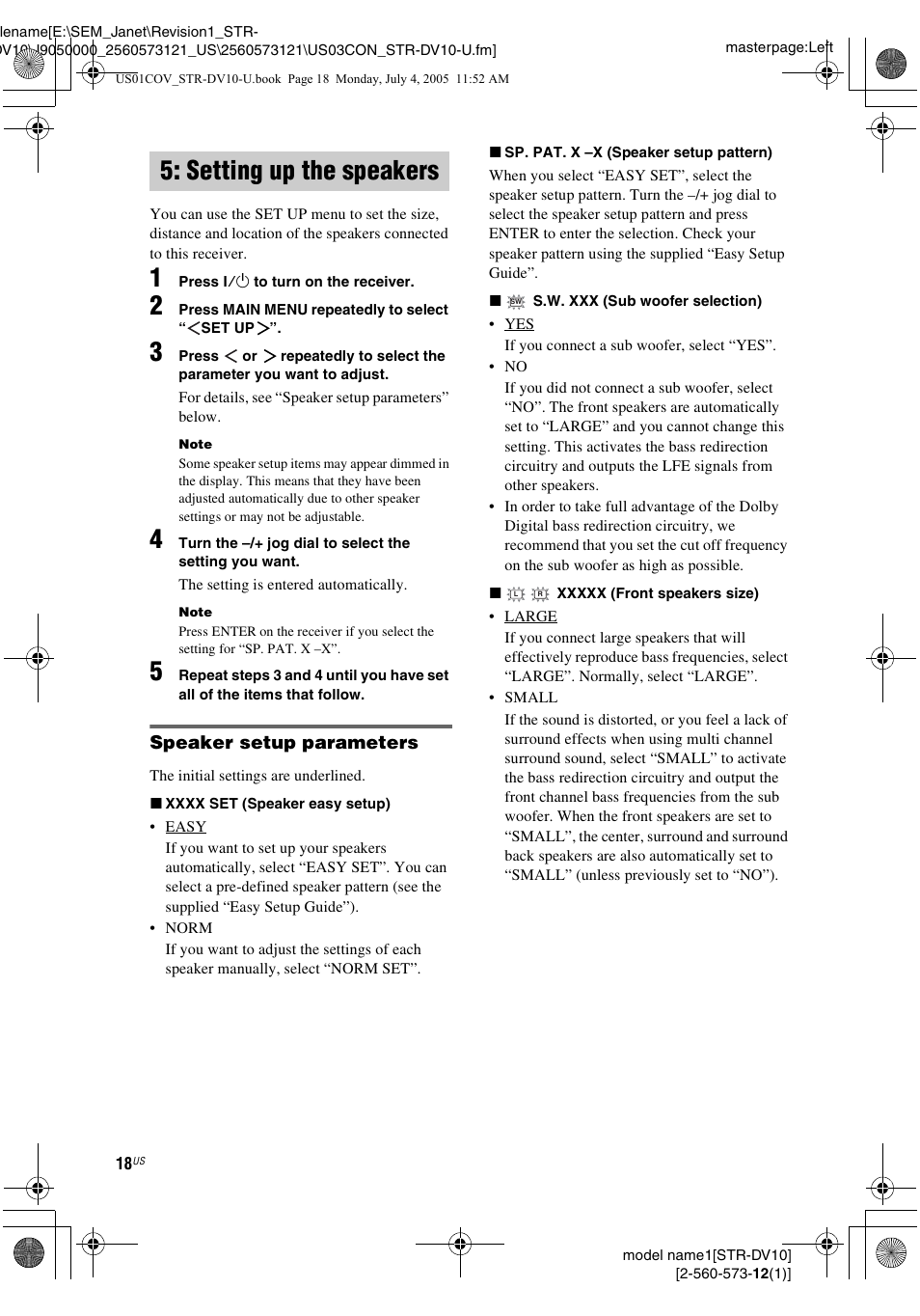 Setting up the speakers | Sony STR-DV10 User Manual | Page 18 / 56