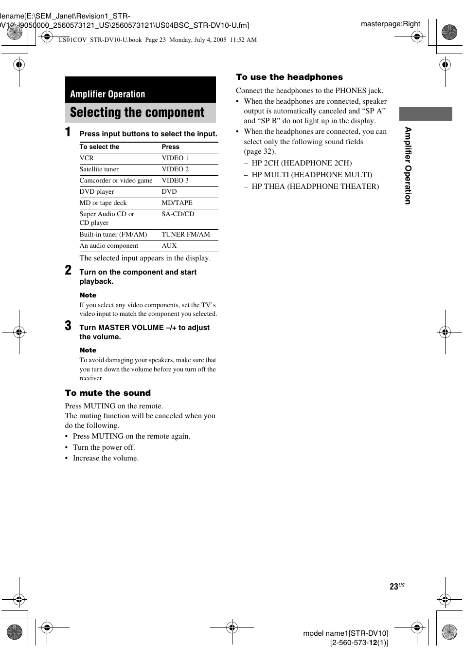 Amplifier operation, Selecting the component | Sony STR-DV10 User Manual | Page 23 / 56