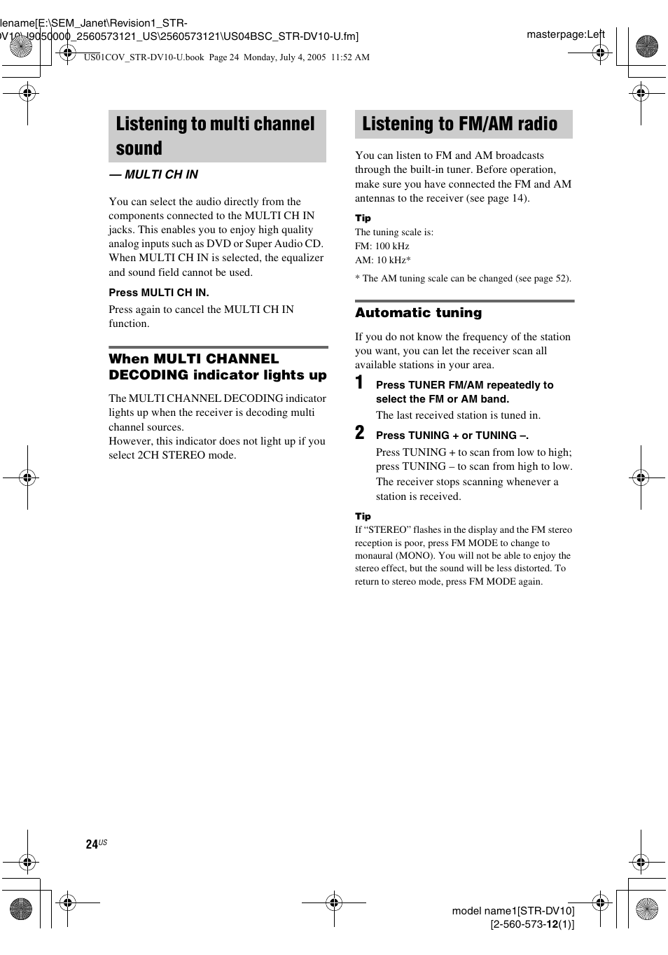 Listening to multi channel sound, Multi ch in, Listening to fm/am radio | Sony STR-DV10 User Manual | Page 24 / 56