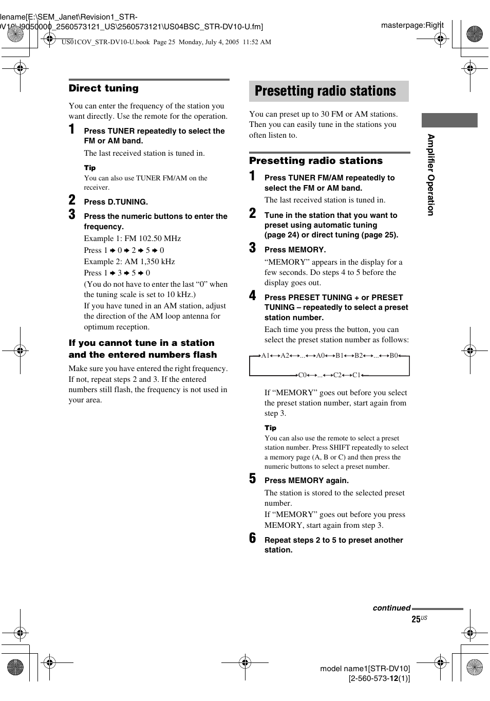 Presetting radio stations | Sony STR-DV10 User Manual | Page 25 / 56