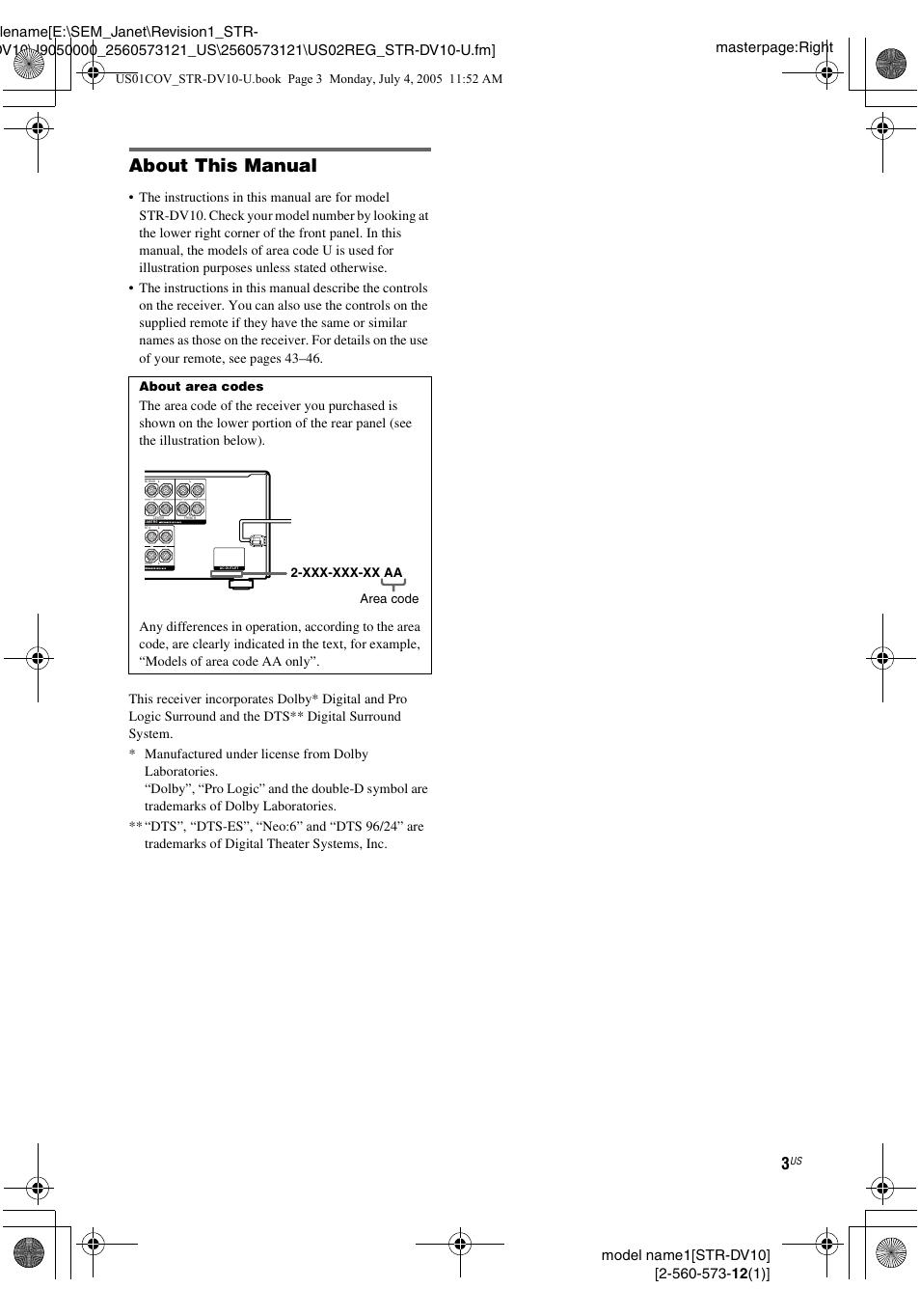 About this manual, About area codes | Sony STR-DV10 User Manual | Page 3 / 56