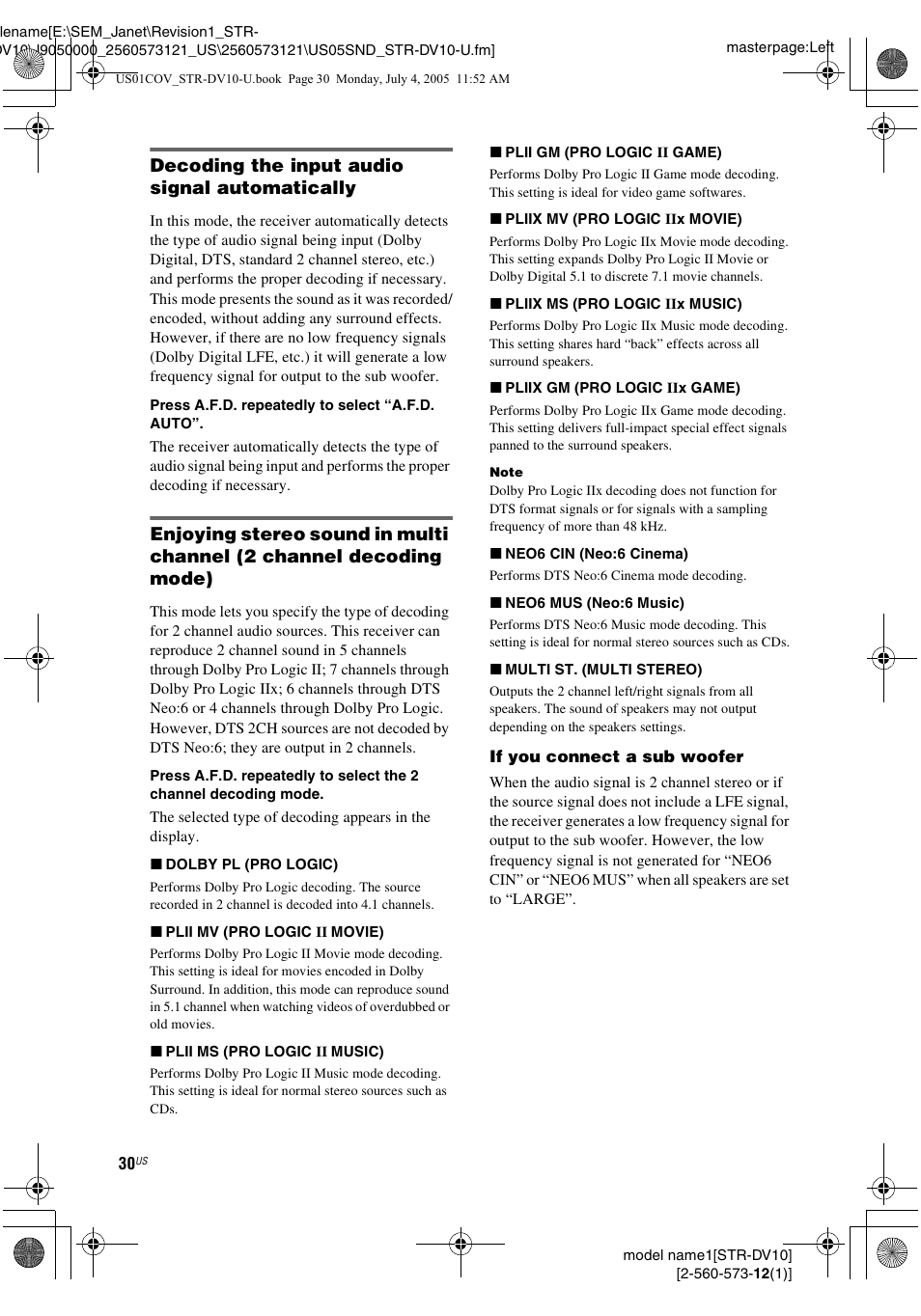 Decoding the input audio signal automatically | Sony STR-DV10 User Manual | Page 30 / 56