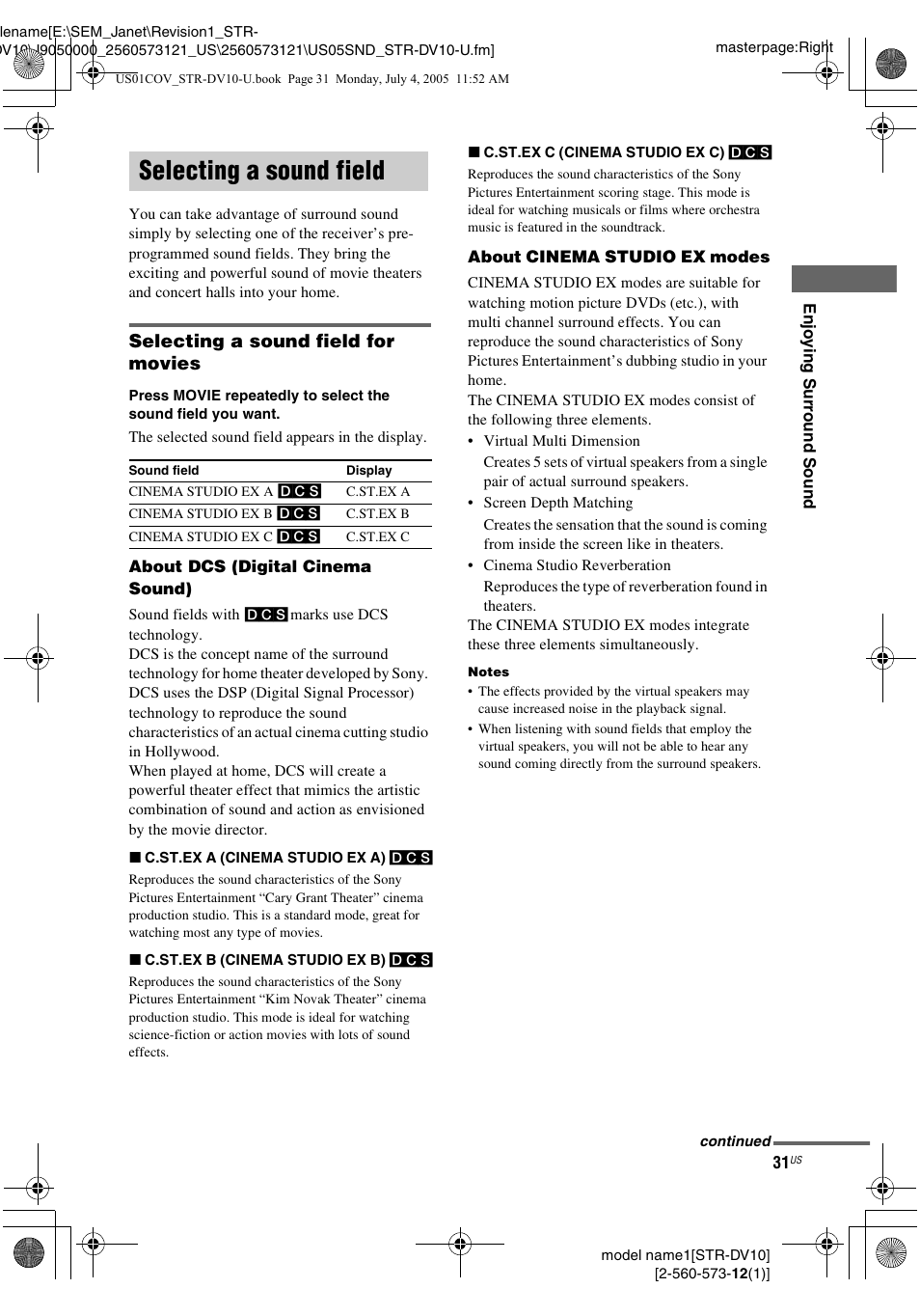 Selecting a sound field, Selecting a sound field for movies | Sony STR-DV10 User Manual | Page 31 / 56