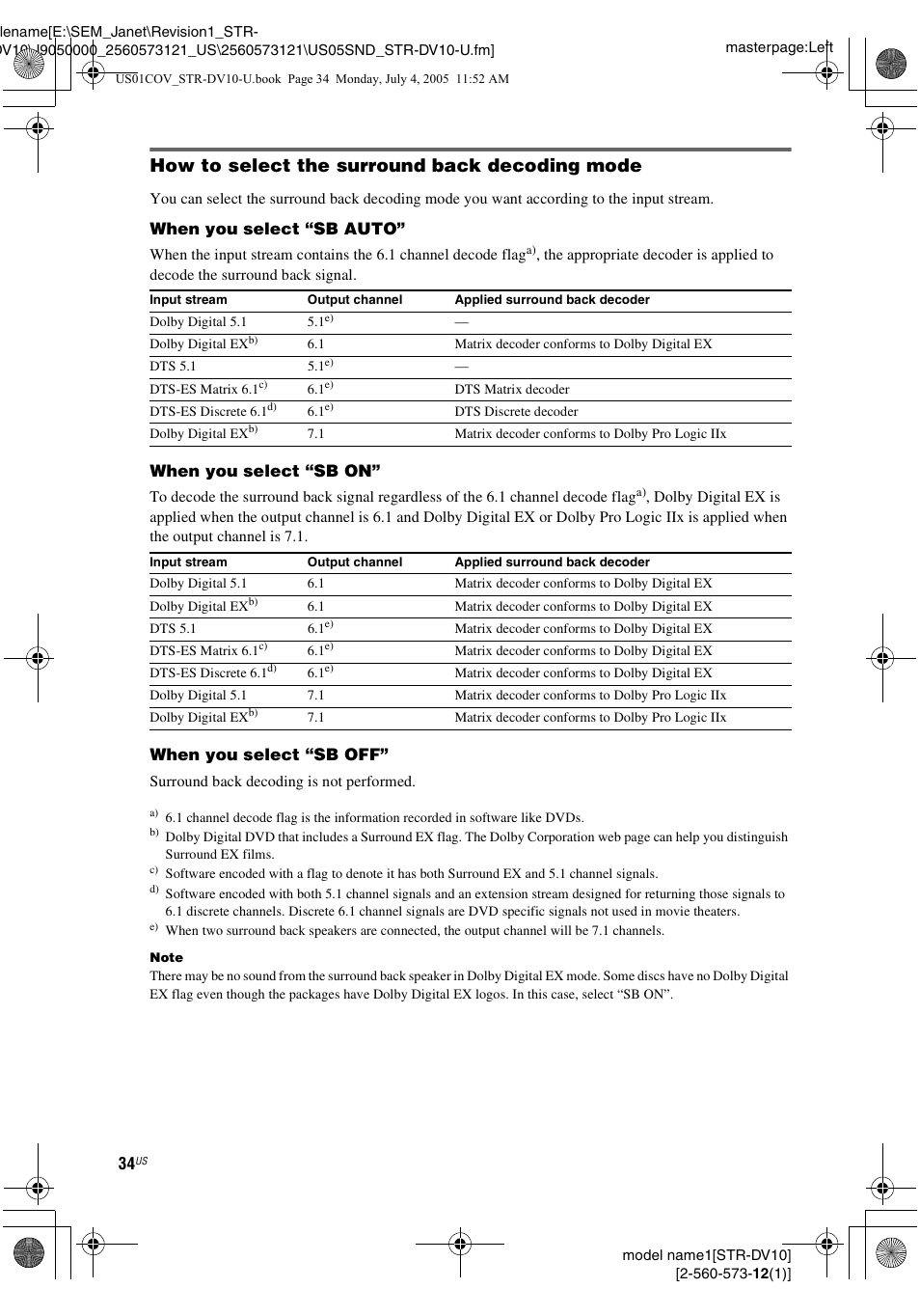 How to select the surround back decoding mode | Sony STR-DV10 User Manual | Page 34 / 56