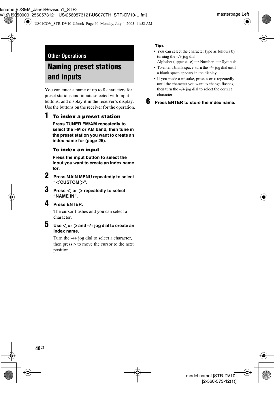 Other operations, Naming preset stations and inputs | Sony STR-DV10 User Manual | Page 40 / 56