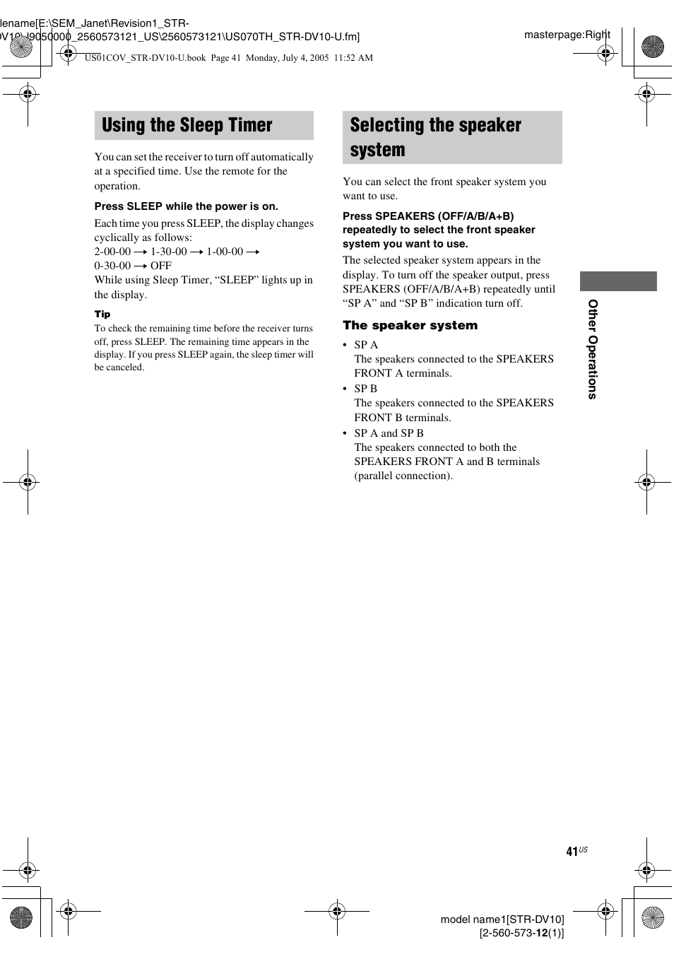 Using the sleep timer, Selecting the speaker system, Using the sleep timer selecting the speaker system | Sony STR-DV10 User Manual | Page 41 / 56