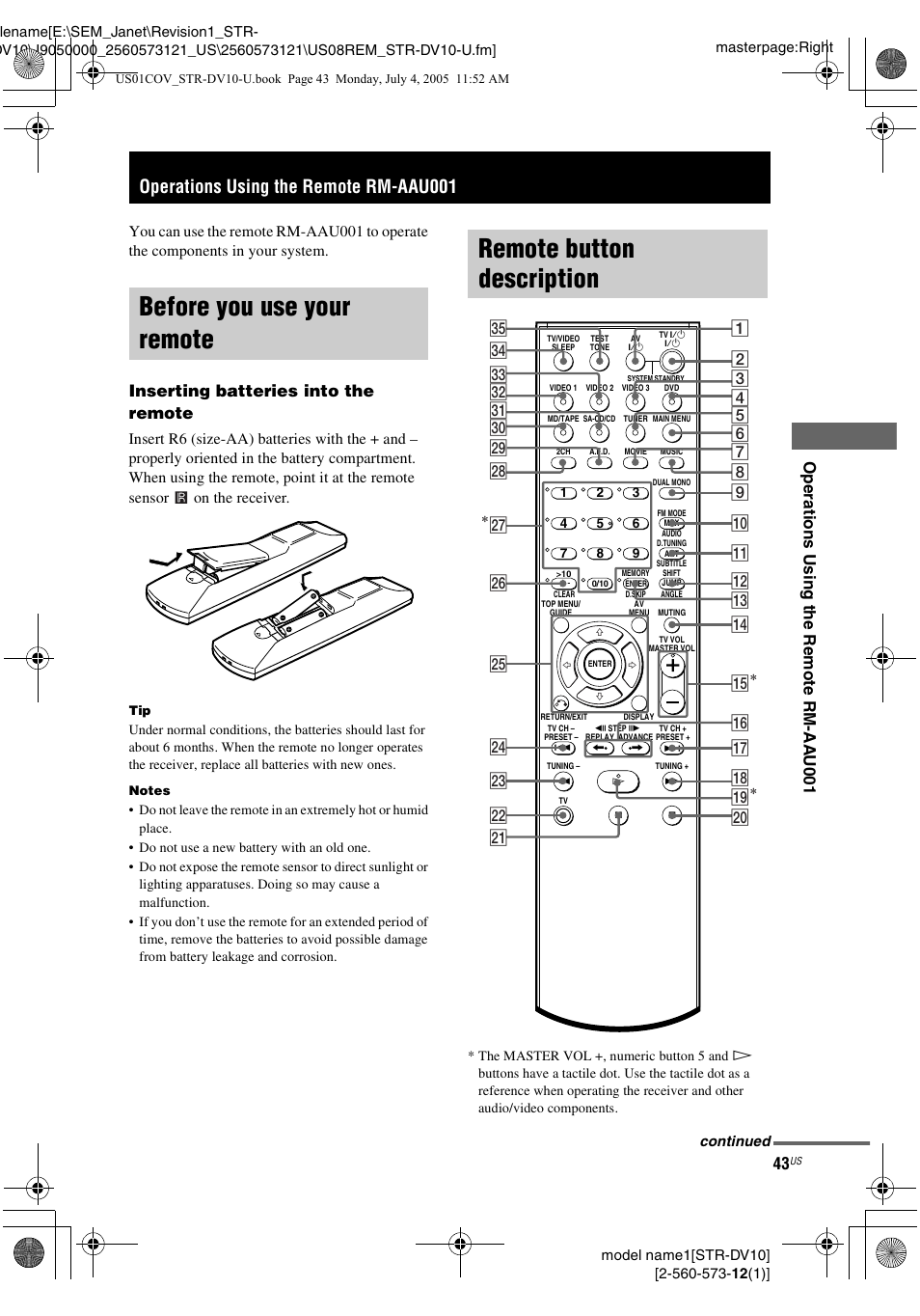 Operations using the remote rm-aau001, Before you use your remote, Remote button description | Inserting batteries into the remote | Sony STR-DV10 User Manual | Page 43 / 56