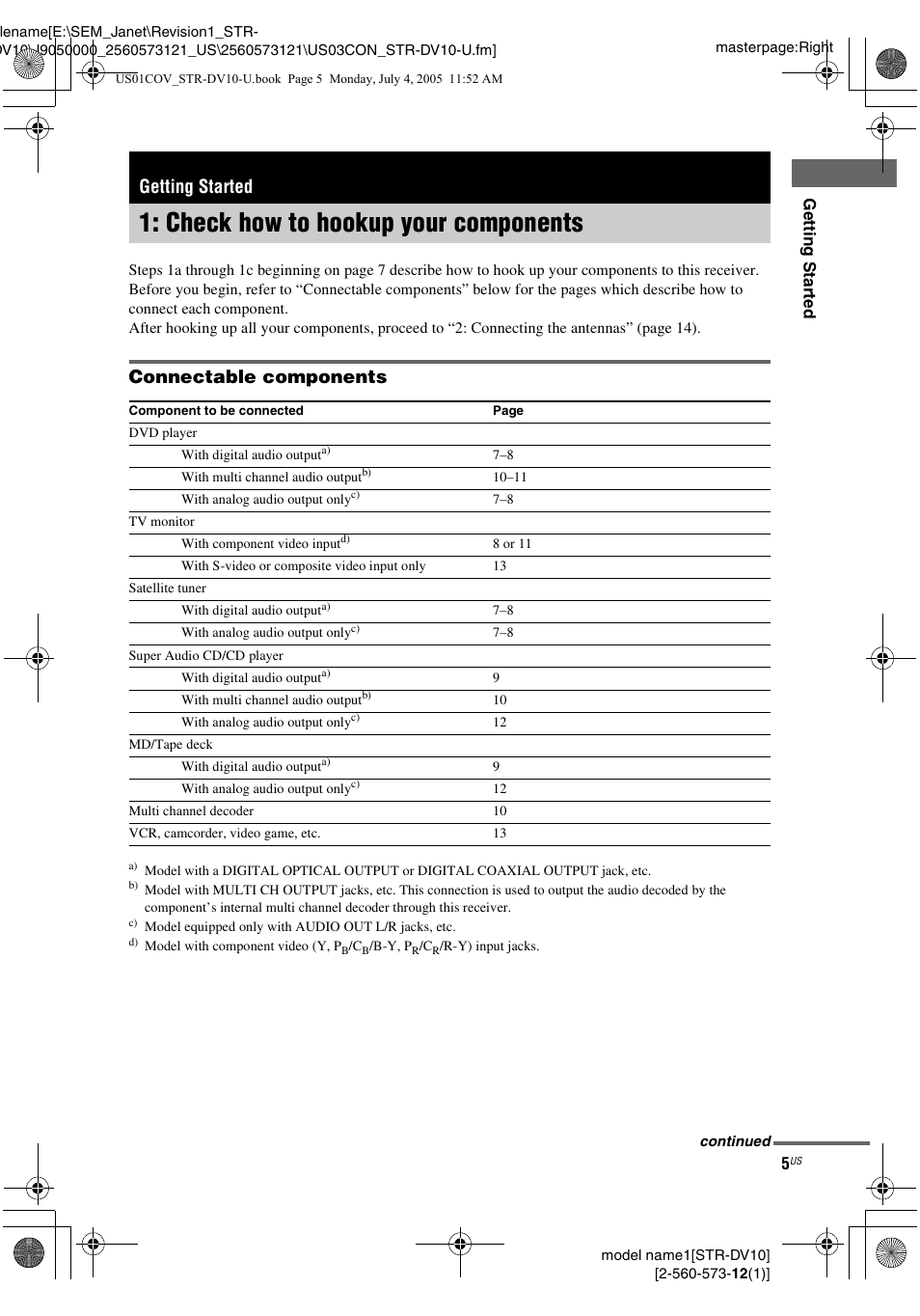 Getting started, Check how to hookup your components, Check how to hookup your | Components, Connectable components | Sony STR-DV10 User Manual | Page 5 / 56