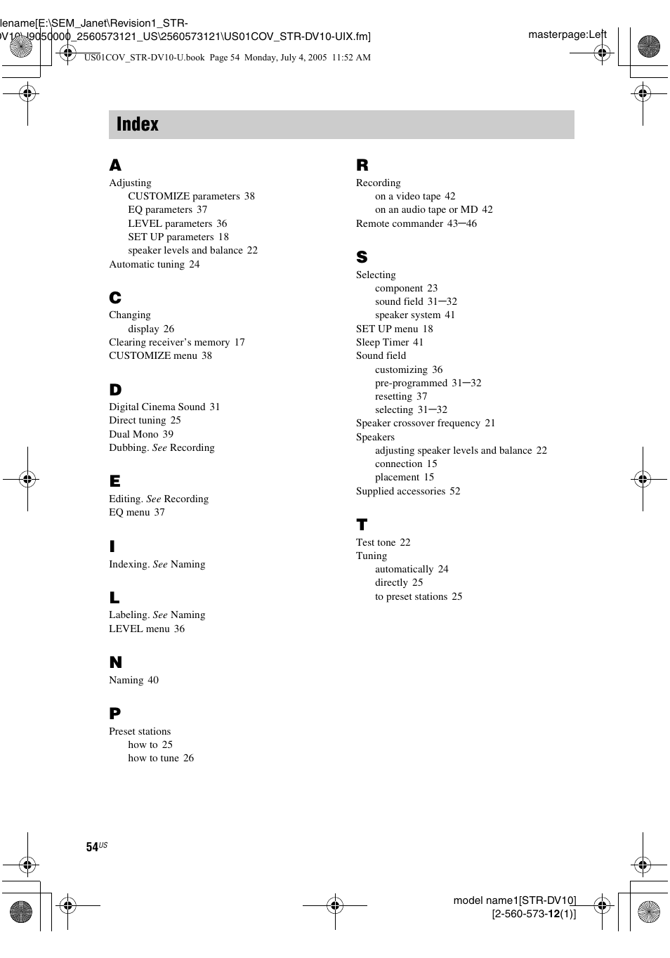 Index | Sony STR-DV10 User Manual | Page 54 / 56