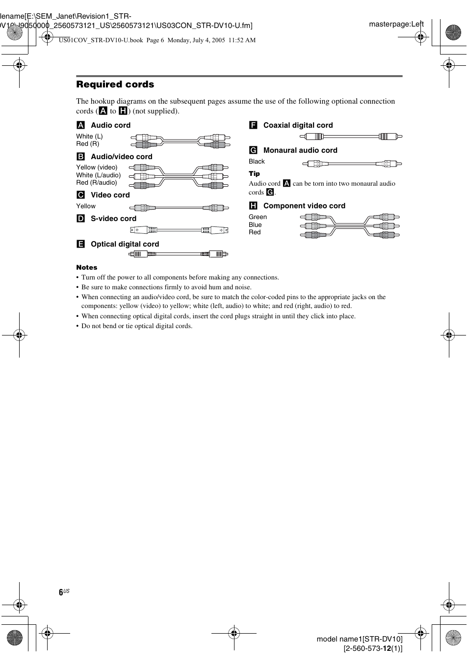 Required cords | Sony STR-DV10 User Manual | Page 6 / 56