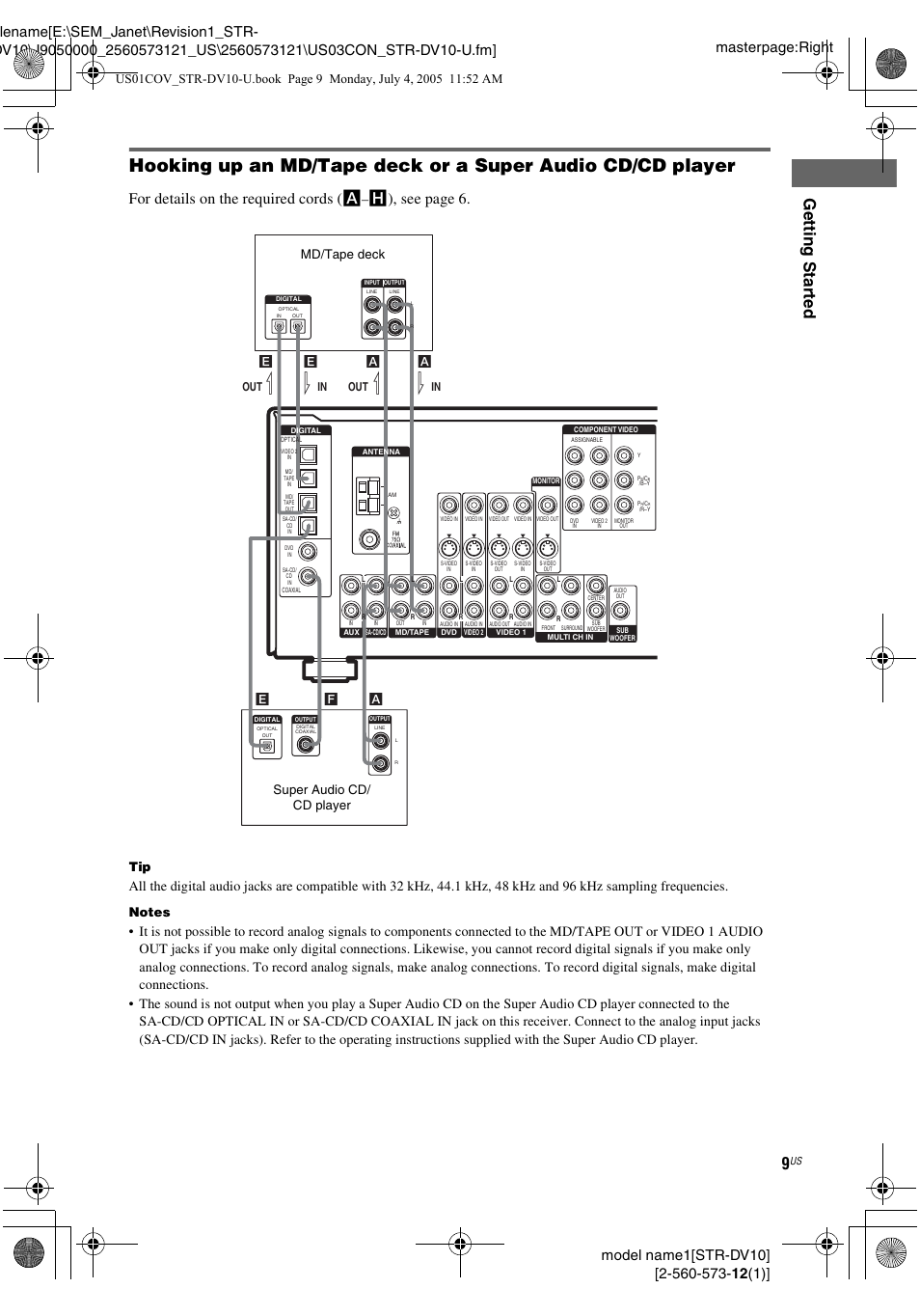 Gettin g star ted, For details on the required cords ( a, H), see page 6 | Md/tape deck super audio cd/ cd player, Out l l l | Sony STR-DV10 User Manual | Page 9 / 56