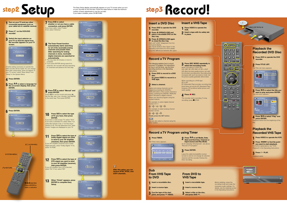 System menu, Enter, Insert a dvd disc | Playback the recorded dvd disc, Playback the recorded vhs tape, Insert a vhs tape, Record a tv program, Record a tv program using timer, Dub from vhs tape to dvd | Sony RDR-VXD655 User Manual | Page 2 / 2
