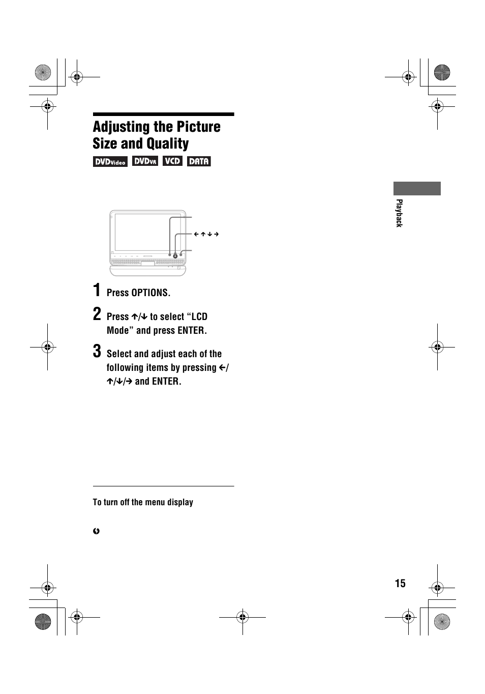 Adjusting the picture size and quality | Sony DVP-FX96 User Manual | Page 15 / 32