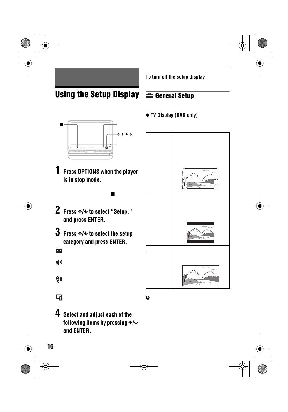 Using the setup display, General setup | Sony DVP-FX96 User Manual | Page 16 / 32