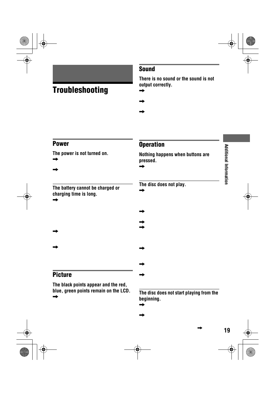 Troubleshooting, Power, Picture | Sound, Operation | Sony DVP-FX96 User Manual | Page 19 / 32