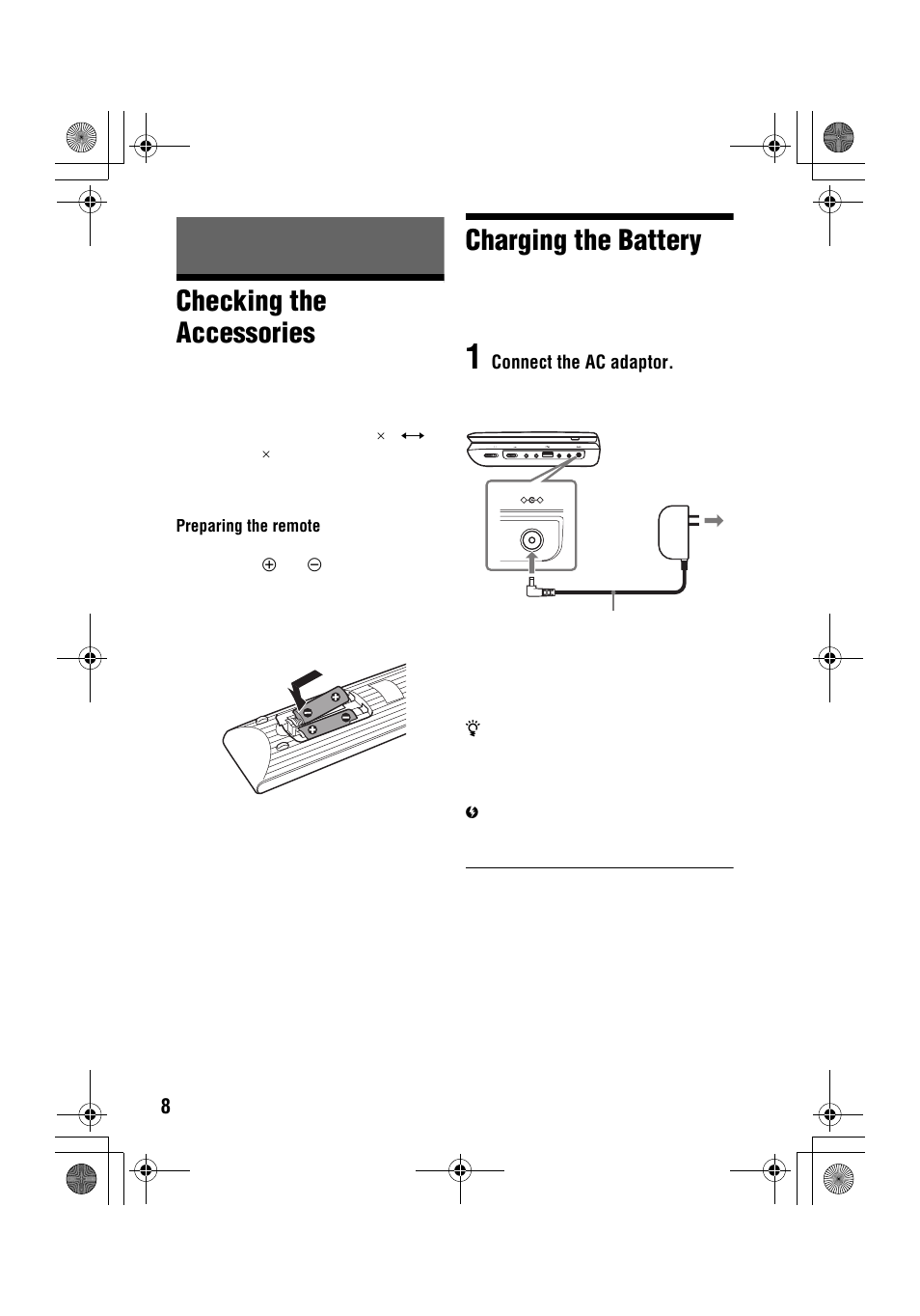 Checking the accessories, Charging the battery | Sony DVP-FX96 User Manual | Page 8 / 32