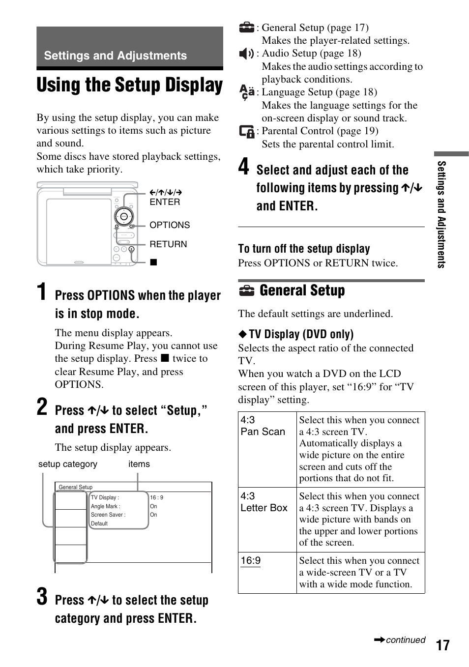Settings and adjustments, Using the setup display, General setup | Press options when the player is in stop mode, Press x / x to select “setup,” and press enter, Tv display (dvd only) | Sony DVP-FX74 User Manual | Page 17 / 36