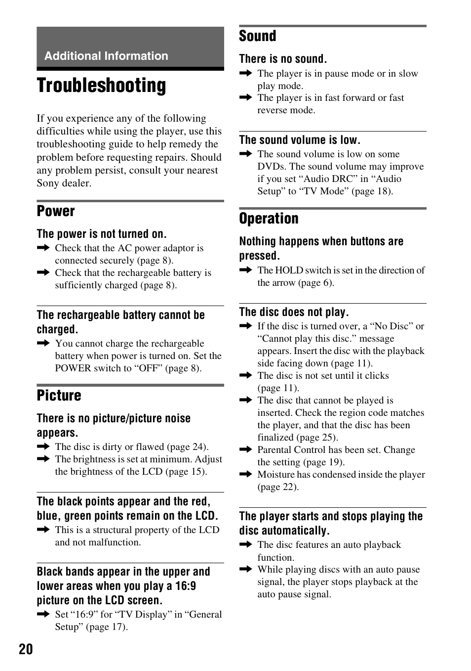 Additional information, Troubleshooting, Power | Picture, Sound, Operation | Sony DVP-FX74 User Manual | Page 20 / 36
