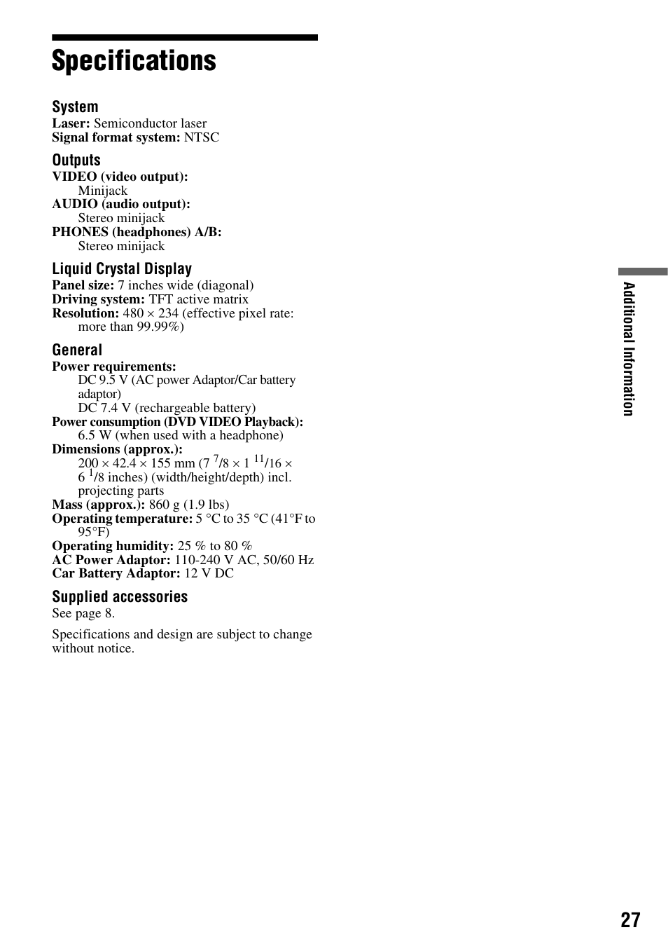 Specifications | Sony DVP-FX74 User Manual | Page 27 / 36