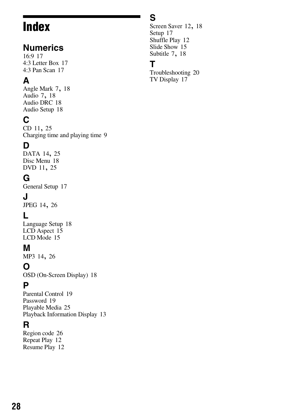Index, Numerics | Sony DVP-FX74 User Manual | Page 28 / 36