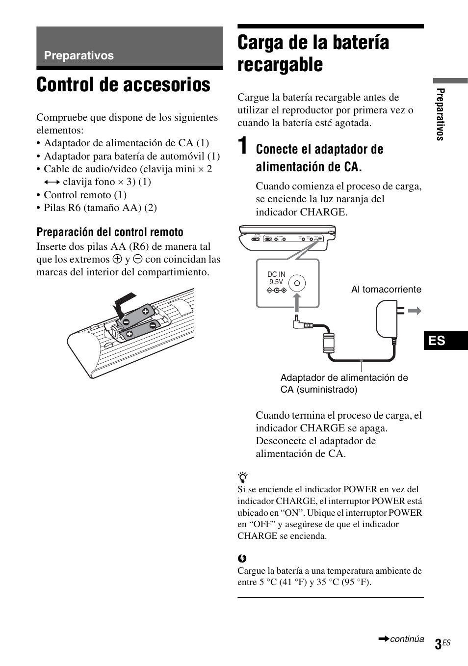 Preparativos, Control de accesorios, Carga de la batería recargable | Conecte el adaptador de alimentación de ca, Preparación del control remoto, Prep arat iv os | Sony DVP-FX74 User Manual | Page 31 / 36
