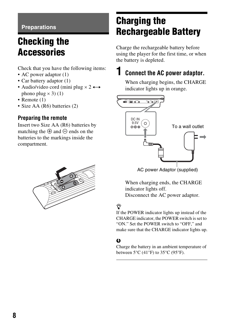 Preparations, Checking the accessories, Charging the rechargeable battery | Connect the ac power adaptor, Preparing the remote | Sony DVP-FX74 User Manual | Page 8 / 36