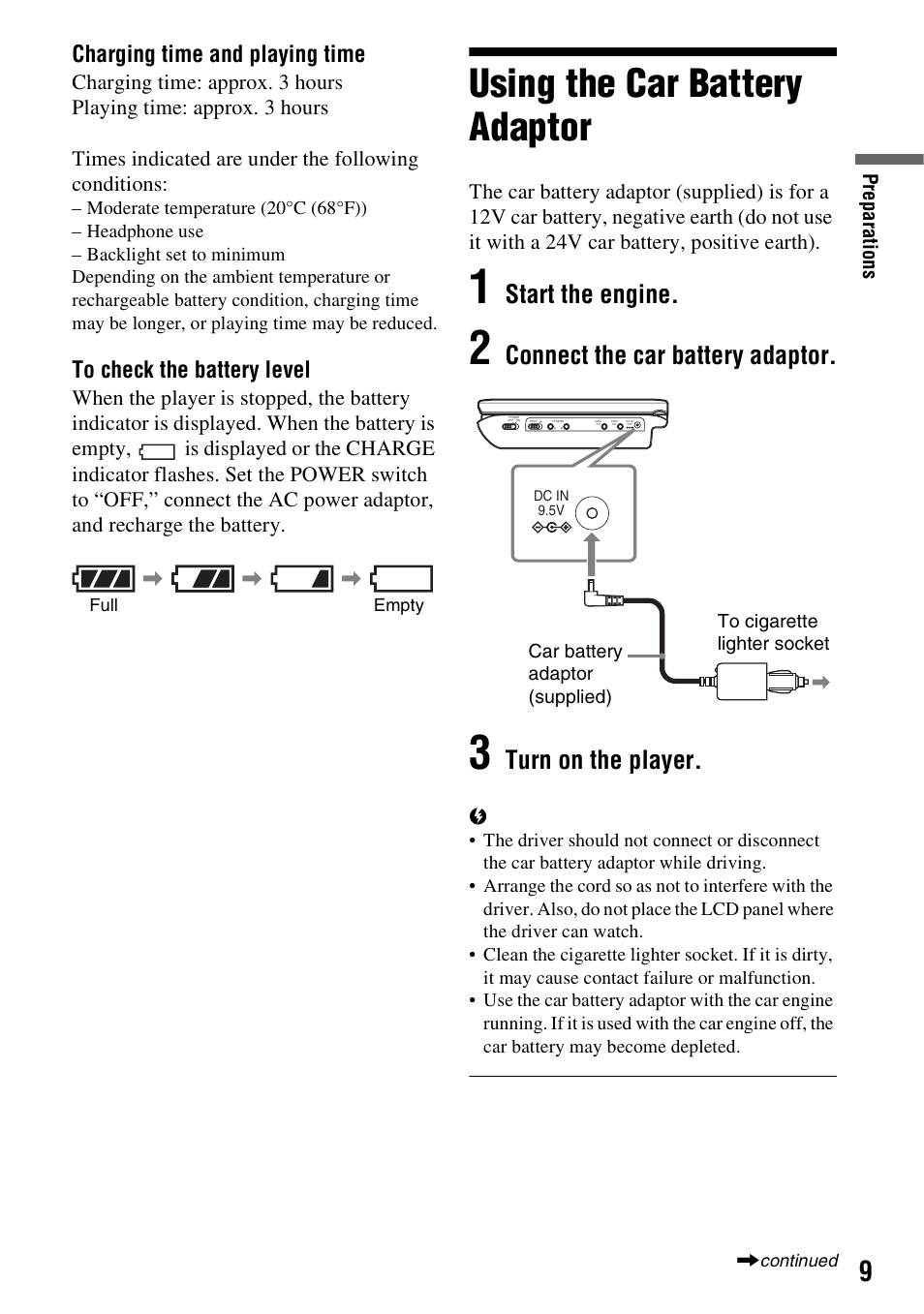 Using the car battery adaptor, Start the engine, Connect the car battery adaptor | Turn on the player, Charging time and playing time | Sony DVP-FX74 User Manual | Page 9 / 36