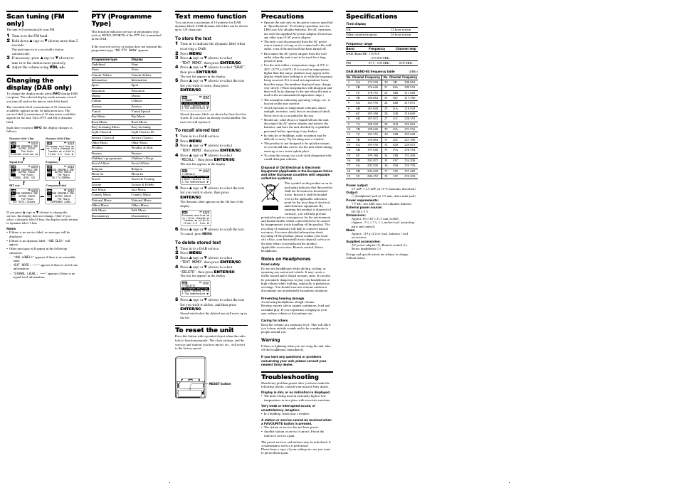 Scan tuning (fm only), Changing the display (dab only), Pty (programme type) | Precautions, Troubleshooting, Specifications | Sony XDR-M1 User Manual | Page 2 / 2
