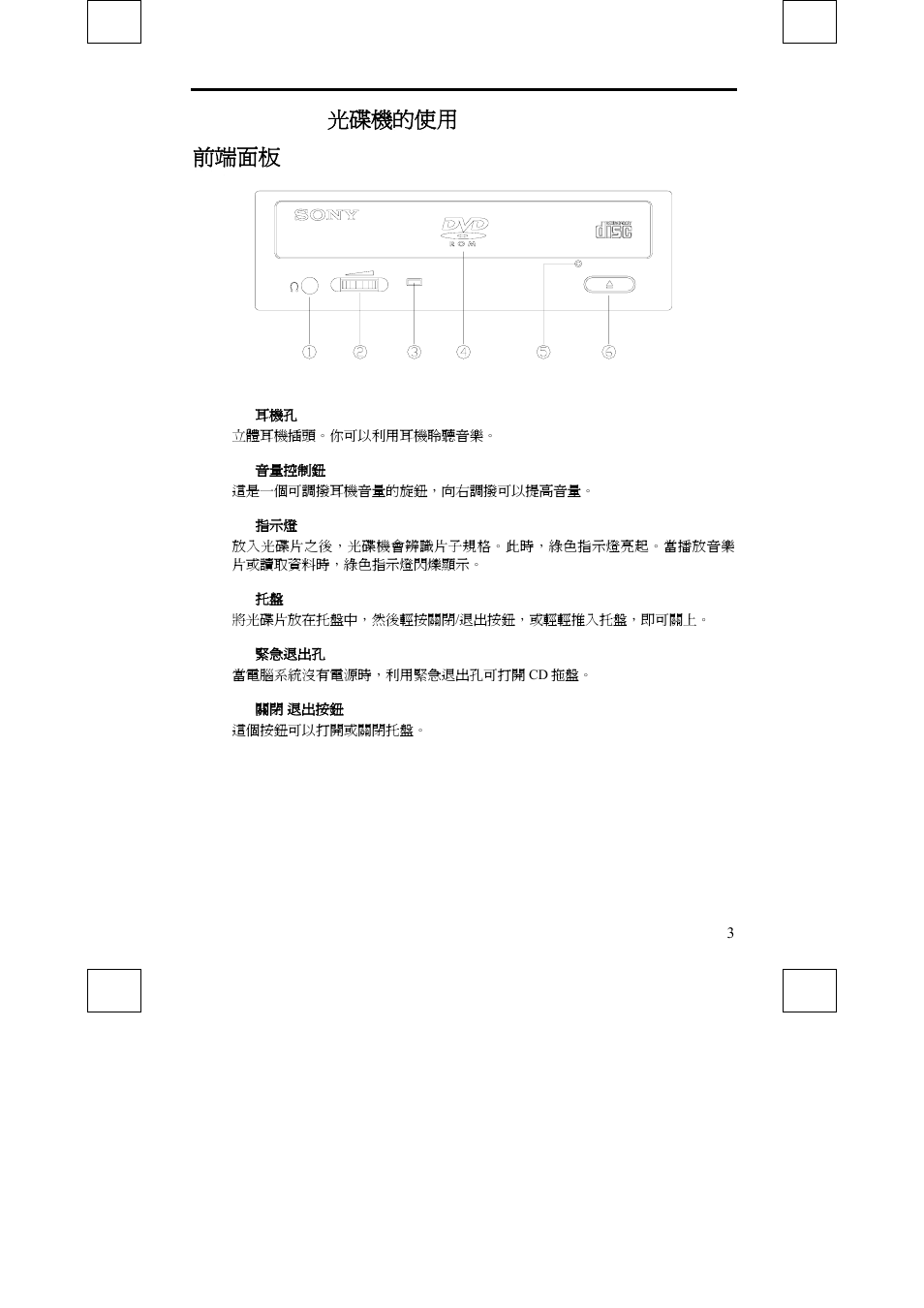 Dvd-rom 光碟機的使用 前端面板 | Sony DDU1632 User Manual | Page 27 / 40